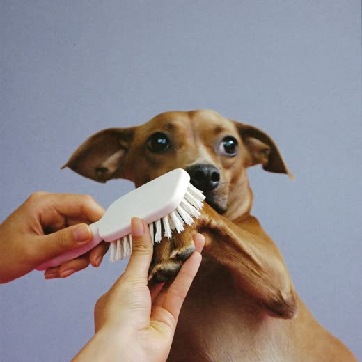 A small dog's freshly trimmed paw being brushed